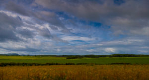 Blue cloudy skies, green hilly fields.
